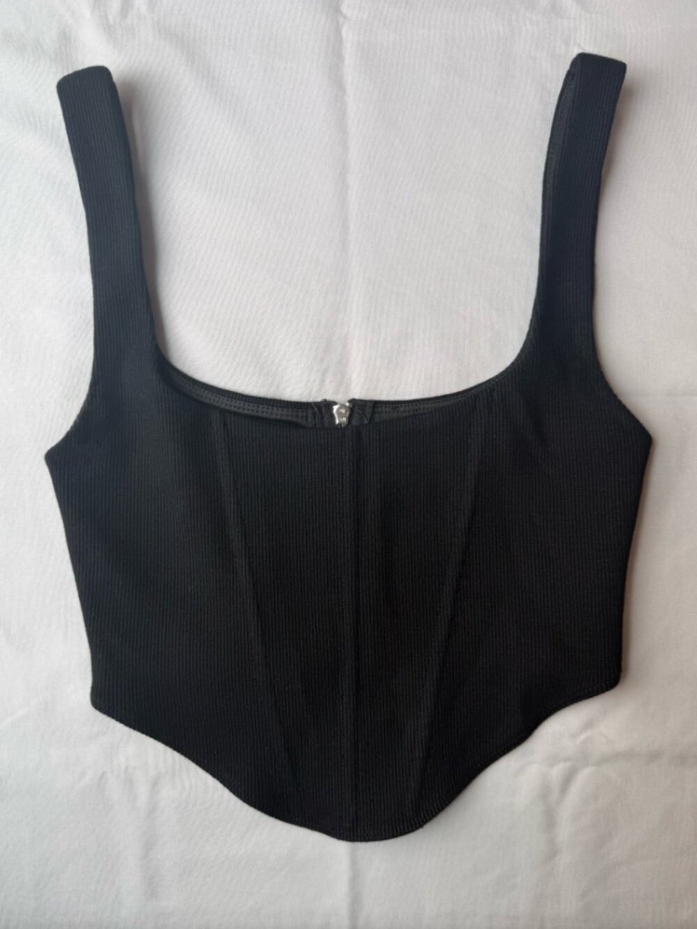 Princess Polly Black Ribbed Corset Top Square Neck Zipper Tank